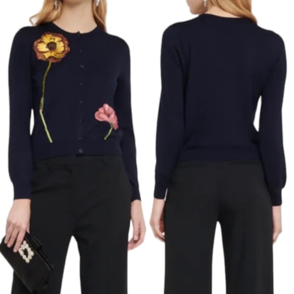 Oscar de la Renta Sweaters - NEW Oscar De La Renta Floral Embroidered Virgin Wool Cardigan Navy S with FLAW